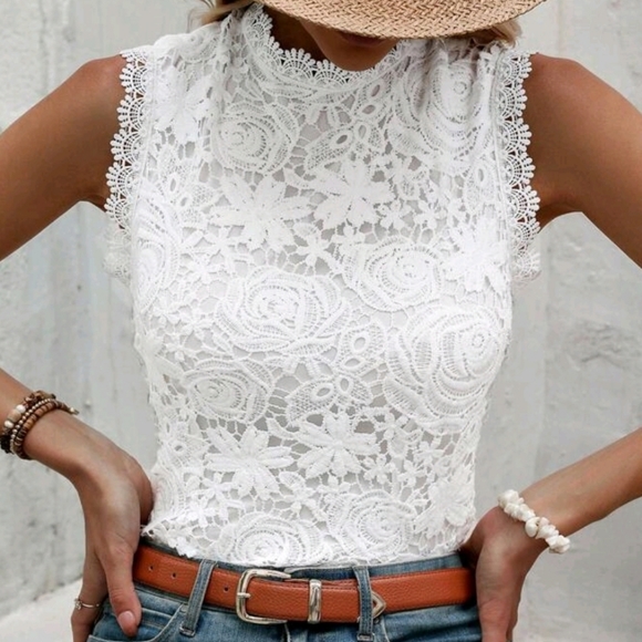 * NEW Boho Embroidered Lace Sleeveless Top Tank Blouse White - Picture 6 of 8